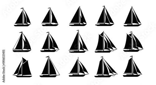 Collection of Sailboat Silhouettes on White Background.