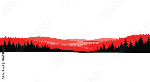 Minimalist landscape featuring silhouetted trees against a vibrant red and white backdrop