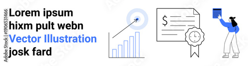 Business strategy, financial growth, certification processes, goal achievement, workflow management, digital marketing. Graph with upward trend, bullseye target, document with seal person holding