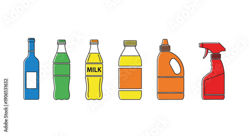 Line of colorful bottles and containers with various shapes and contents