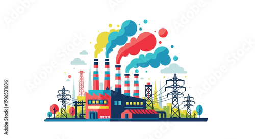 Industrial pollution factory chimneys emitting colorful smoke into the atmosphere