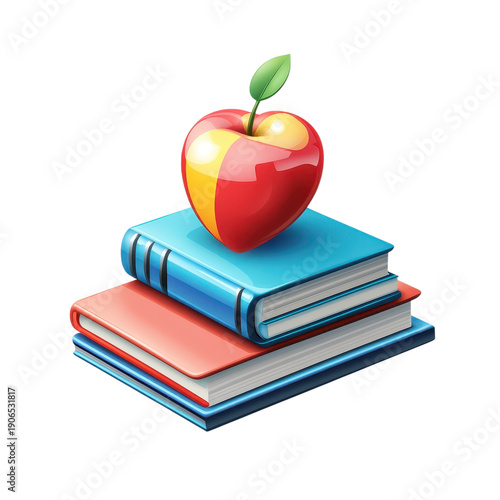 3D education icon with red apple on stack of books isolated PNG with Transparent Background