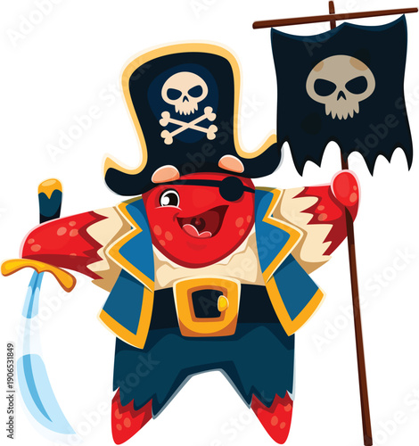 Starfish animal pirate vector character with eye patch. Cartoon corsair wearing a black tricorn hat with skull and golden trim, holds a cutlass and black pirate flag with skull for kids birthday party