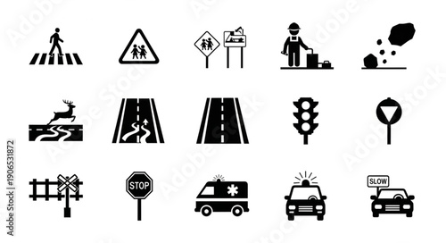 Collection of Road Safety and Traffic Signs Icons.