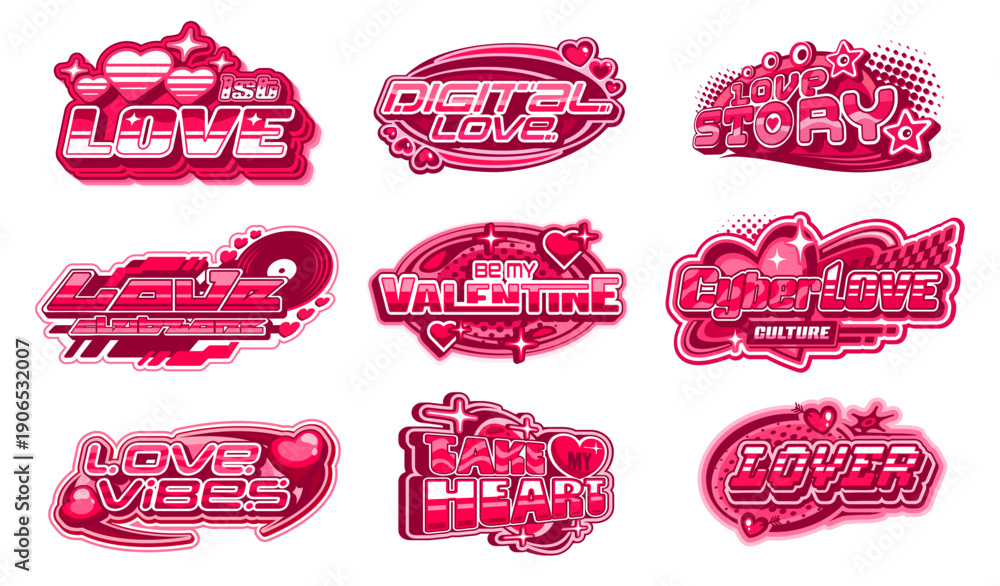 Naklejka premium Valentine day love y2k streetwear label icons with glossy love quotes. Groovy pink vector set with hearts, stars, sparkles and bubble shapes. Romantic tags with retro futuristic fonts and digital vibe