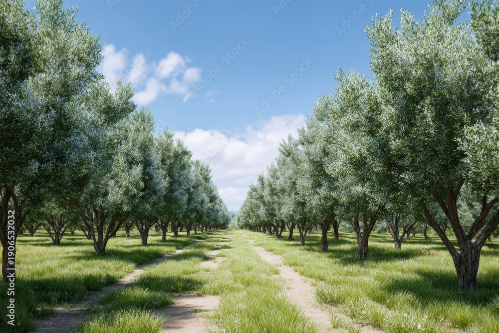 Obraz premium Olive tree plantation with rows of lush green trees lining a dirt path under a clear blue sky, showcasing the vibrant landscape of an agricultural area in a sunny environment