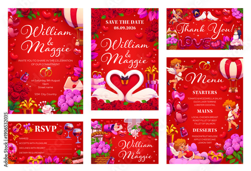 Wedding invitations template in Valentine Day love holiday cartoon characters frames. Vector wedding invitation, save the date card and menu flyer templates with Cupid characters, love hearts, flowers