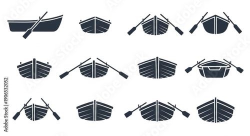 Collection of Rowboat Icons and Silhouettes with Oars.