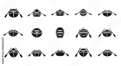 Collection of Rowboat Icons with Oars in Silhouette.