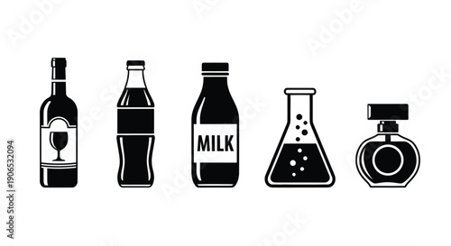A row of black silhouette containers bottles flask and perfume