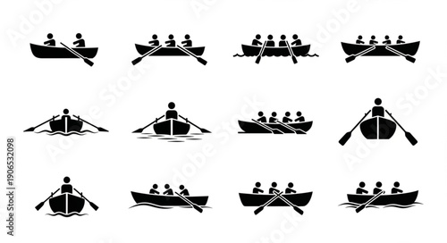 Collection of rowing boat silhouettes with people paddling.