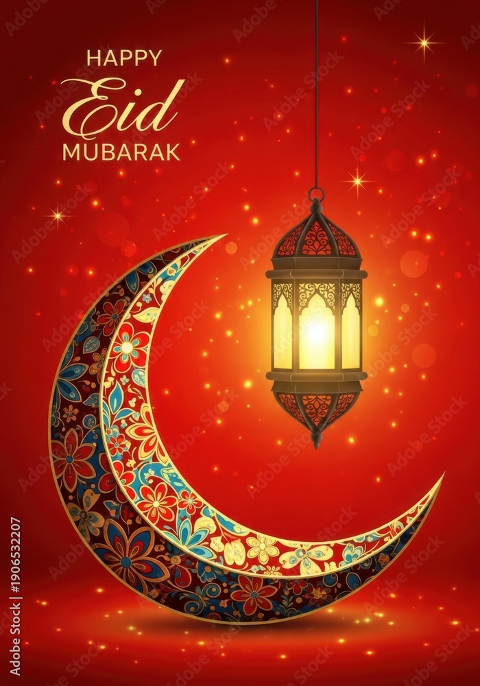 Fototapeta premium Eid mubarak greeting card with crescent moon and lantern