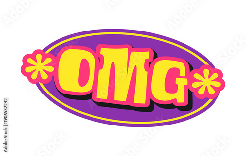 OMG Y2K groovy sticker or retro symbol. Vintage positive groovy vector tag, hippie 80s Y2K patch. Funny cute funky sticker or retro 60s cartoon label with oh my God abbreviation typography text