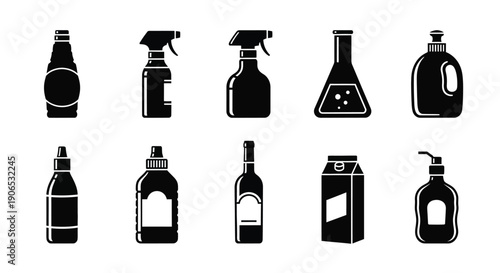 Collection of various black silhouette cleaning product bottles and sprayers