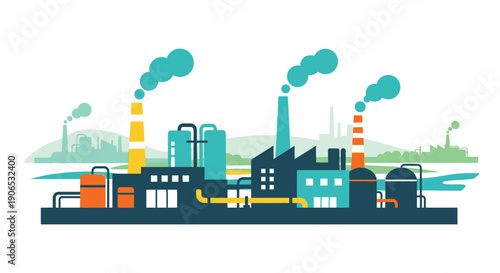 Industrial landscape with factory buildings and smoke stacks emitting pollution