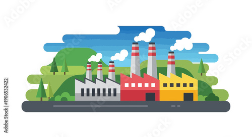 Industrial complex with factory buildings and smokestacks against a blue sky