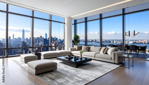 Luxurious Modern Living Room with Panoramic City and Water Views.