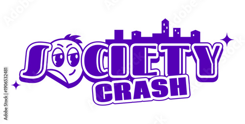 Purple Y2K streetwear society crash icon or emblem. Clothing typography Y2K emblem, streetwear text retro isolated vector icon. Brand graphic funky print or apparel futuristic vintage label element