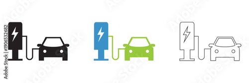 Electric car charging black, green icon . Electric vehicle charging icons showing car, plug, station, and location symbols, representing clean energy, e-mobility, and sustainable transport concepts.
