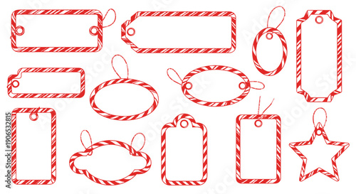 Collection of red and white striped candy cane shaped labels and frames