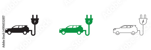 Electric car charging black, green icon . Electric vehicle charging icons showing car, plug, station, and location symbols, representing clean energy, e-mobility, and sustainable transport concepts.
