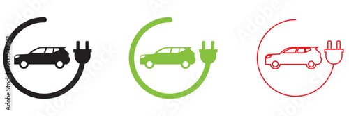 Electric car charging black, green icon . Electric vehicle charging icons showing car, plug, station, and location symbols, representing clean energy, e-mobility, and sustainable transport concepts.
