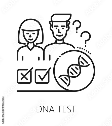 DNA test gynecology medicine line icon or label. Gynecology laboratory thin line icon, pregnancy and healthcare vector symbol. Reproductive health pictogram with DNA spiral, man and woman characters
