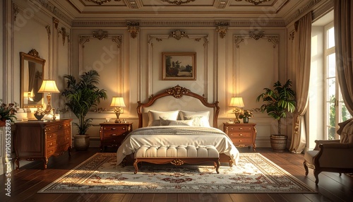 Luxurious Vintage Bedroom Interior Design with Ornate Details and Natural Light.