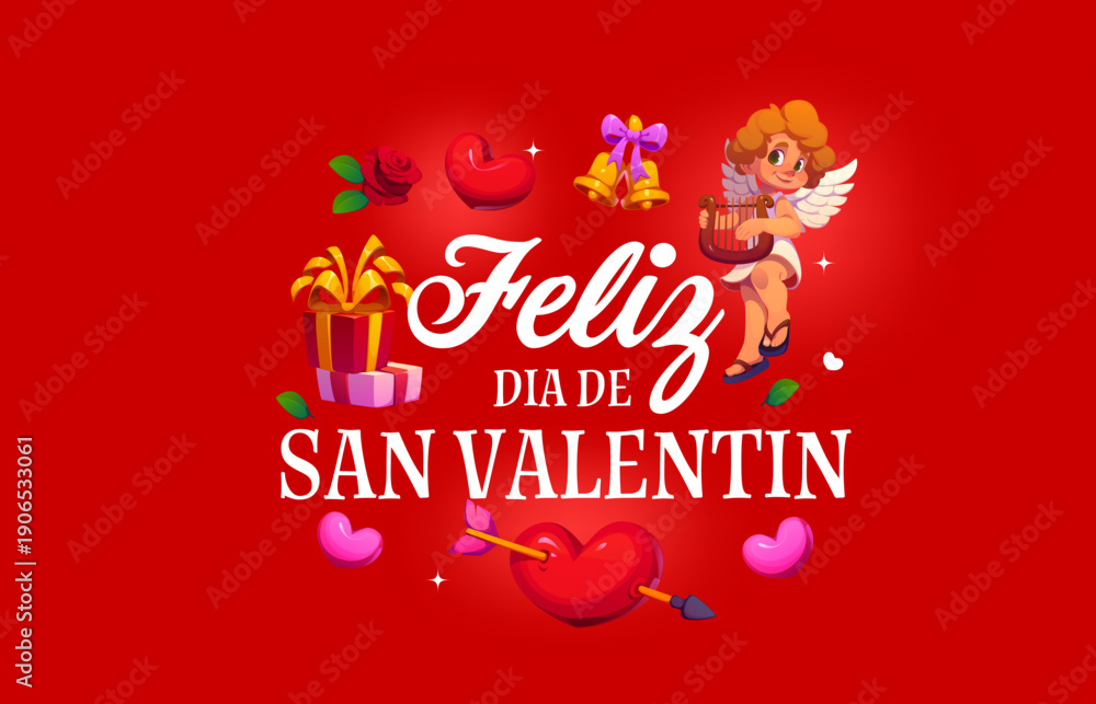 Naklejka premium Feliz dia de San Valentin spanish Valentines Day quote greeting card vector typography. Cartoon Cupid character with romantic love holiday gifts, pierced heart, rose and Valentines Day greeting quote