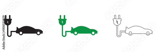 Electric car charging black, green icon . Electric vehicle charging icons showing car, plug, station, and location symbols, representing clean energy, e-mobility, and sustainable transport concepts.
