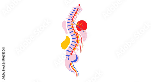 Human spine anatomy with highlighted vertebrae and discs.