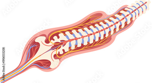 Detailed anatomical illustration of the human spinal cord and vertebrae.
