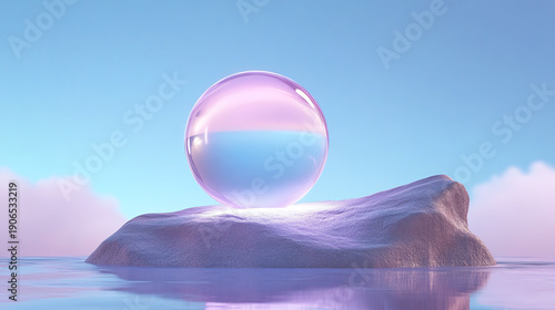 A mesmerizing crystal sphere on an isolated ice formation, reflecting soft pastel colors against a tranquil sky.