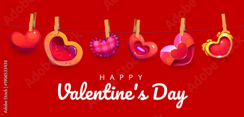 Clothespins with Valentine day love hearts. Cartoon glossy hearts hanging on a red string with wooden clips. Romantic Holiday vector greeting card with bright red background and festive lettering