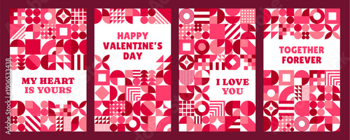 Valentine day posters and greeting cards with geometric pattern, abstract vector. Happy Valentine Day holiday posters with love quotes and geometric patterns of hearts and mosaic pink shapes design