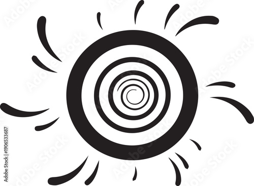 A hypnotic spiral vortex and sun rays silhouette vector illustration as line art background
