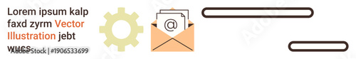 Email systems, digital communication, automation, workflow management, technical processes, and messaging tools. Envelope icon with gear and email symbol. Email systems and digital communication