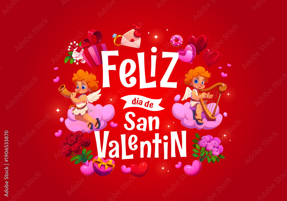 Fototapeta premium Valentine day greeting card with feliz dia de san Valentin Spanish quote. Vector romantic holiday banner for February 14 with two cute cartoon cupids on pink clouds with love hearts, roses, envelope
