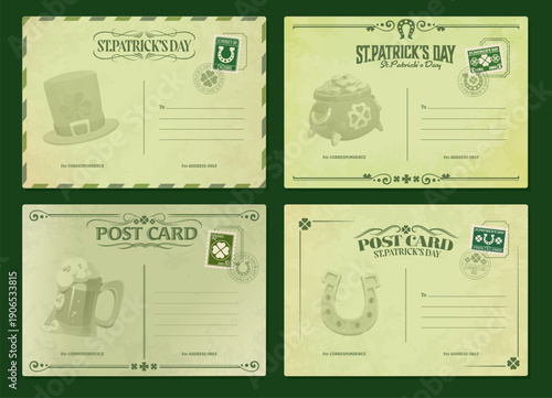 Green postal cards of happy St Patrick day, vintage carnival postcard with stamps with festive Irish green hat, horseshoe, beer mug, pot of gold and shamrock. Vector set of retro holiday stationery