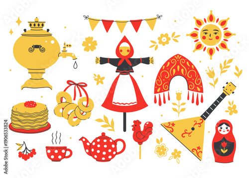 A set of graphic elements for Maslenitsa celebrations. Vector graphics