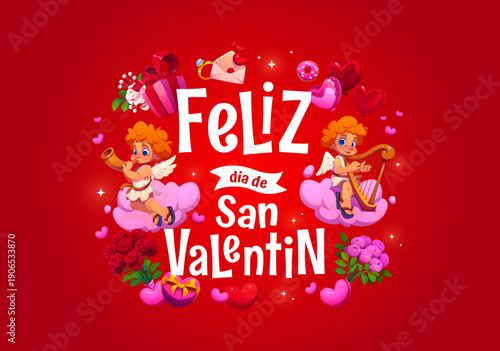 Valentine day greeting card with feliz dia de san Valentin Spanish quote. Vector romantic holiday banner for February 14 with two cute cartoon cupids on pink clouds with love hearts, roses, envelope
