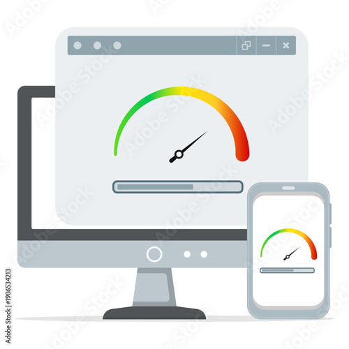 Website performance speed test concept showing loading gauge on desktop and smartphone, representing page load time, optimization, responsiveness, and digital user experience monitoring.