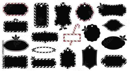 Collection of decorative black gift tags with red and white candy cane accents