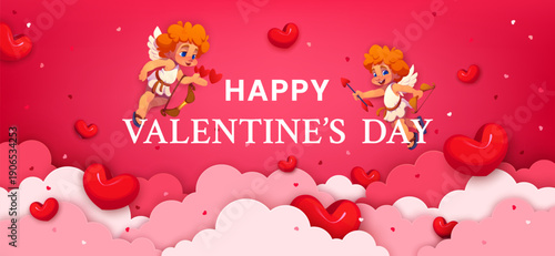 Happy Valentines Day paper cut banner with cherubs and pink clouds. Romantic holiday vector greeting card of cartoon Cupid characters with love arrows, bows and hearts above 3d paper cut clouds border