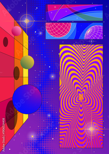 1980s Posters Style Illustration. Retro Party Placards Background, 1980s Colors and Shapes, Vintage Graphic Design 