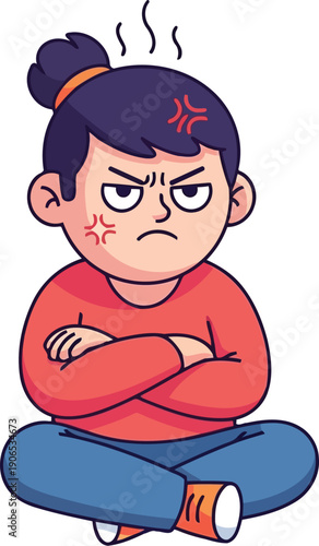 Angry girl cartoon character sitting cross legged with steam