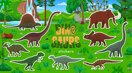 Prehistoric dinosaur characters, dino stickers pack. Jurassic era reptile vector stickers, paleontology animal patch of Parasaurolophus, Iguanodon, Centrosaurus and Dimetrodon, Brachiosaurus, Mammoth