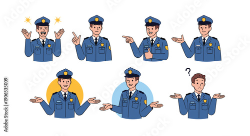 A set of a male police officer character showing various emotions and gestures, including surprise, pointing, presenting, and confusion.