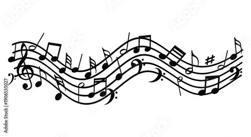 Wavy lines of musical notes and symbols form an abstract design