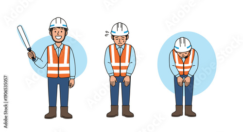 Three illustrations of a male construction worker: one smiling and directing traffic, one looking tired, and one bowing apologetically.